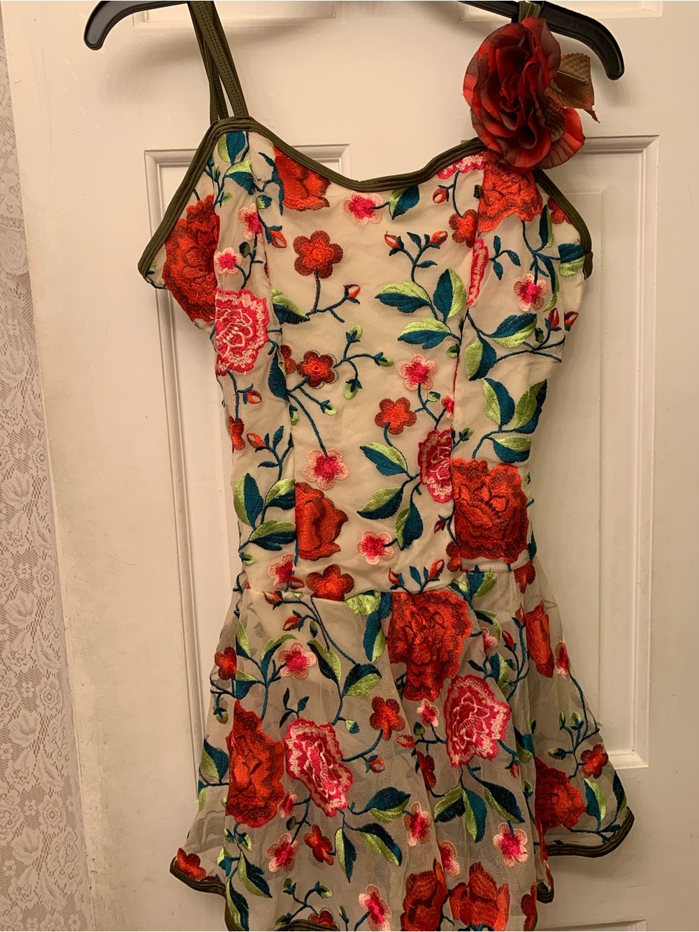 Floral Embroidered Spaghetti Strap Costume with Red Flower Accent with net tutu